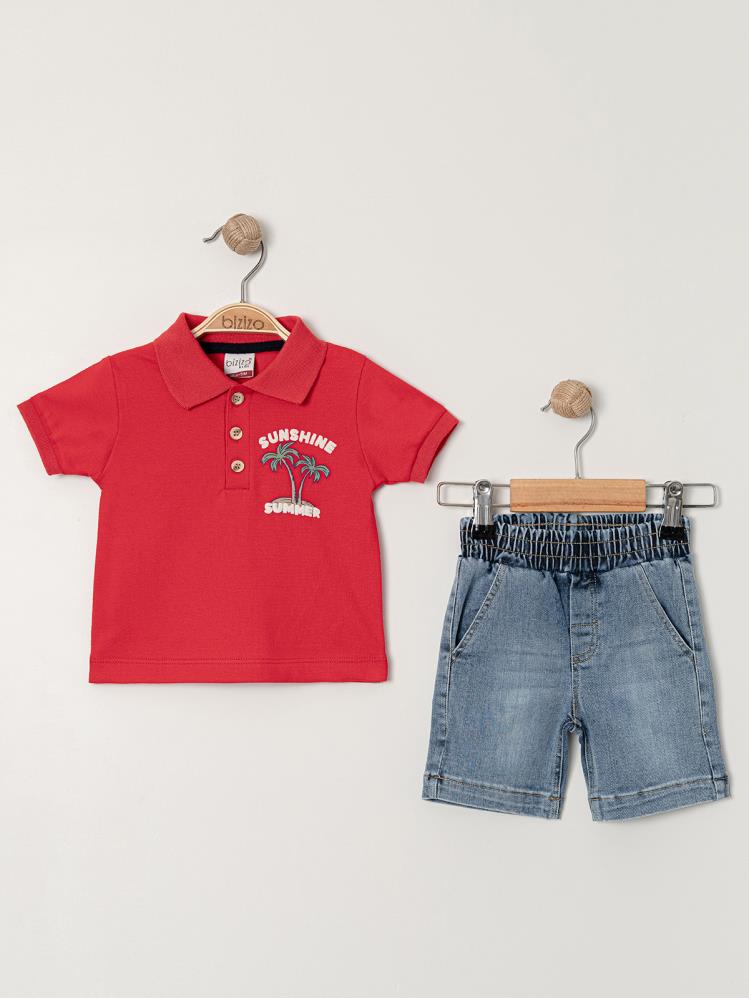 Bizizo Palmiye baskılı Polo Yaka 9-24 Ay Takım - Kırmızı