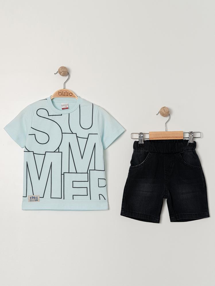 Bizio Summer baskılı Bisiklet Yaka 2-5 Yaş Takım - Mavi