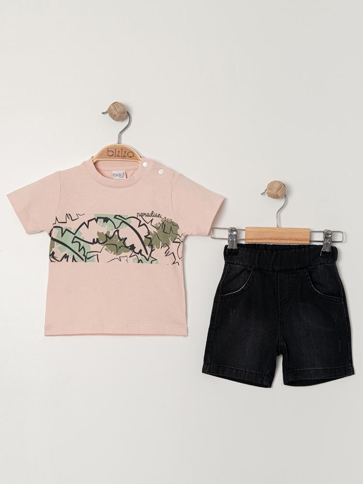 Bizio Yaprak desenli Omuzdan Çıtçıtlı 9-24 Ay Takım - Pudra