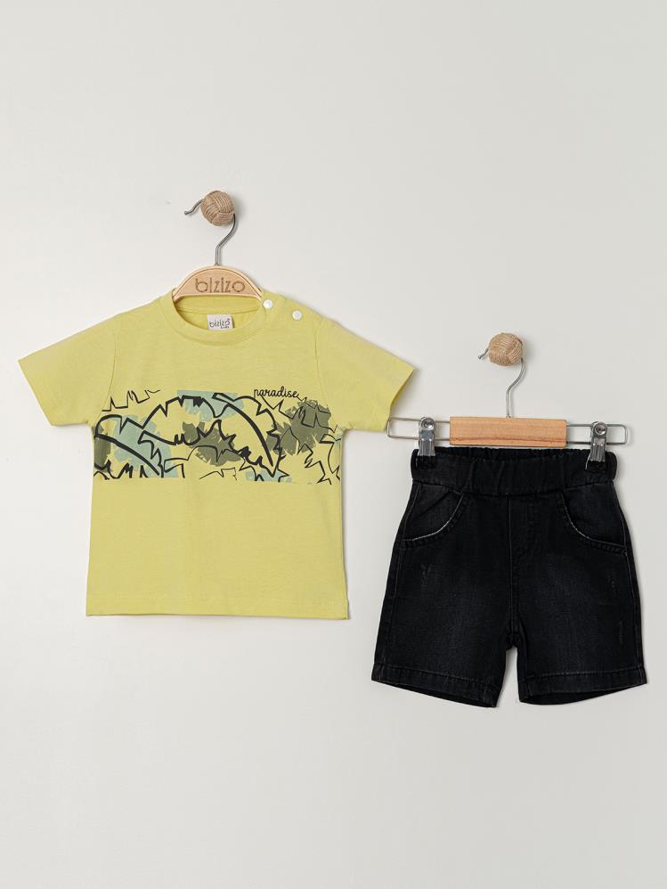 Bizio Yaprak desenli Omuzdan Çıtçıtlı 9-24 Ay Takım - Sarı