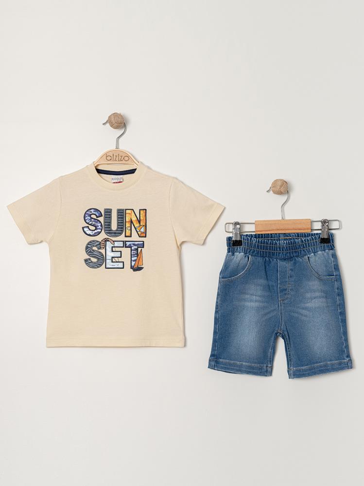 Bizio Sunset baskılı Bisiklet Yaka 2-5 Yaş Takım - Bej