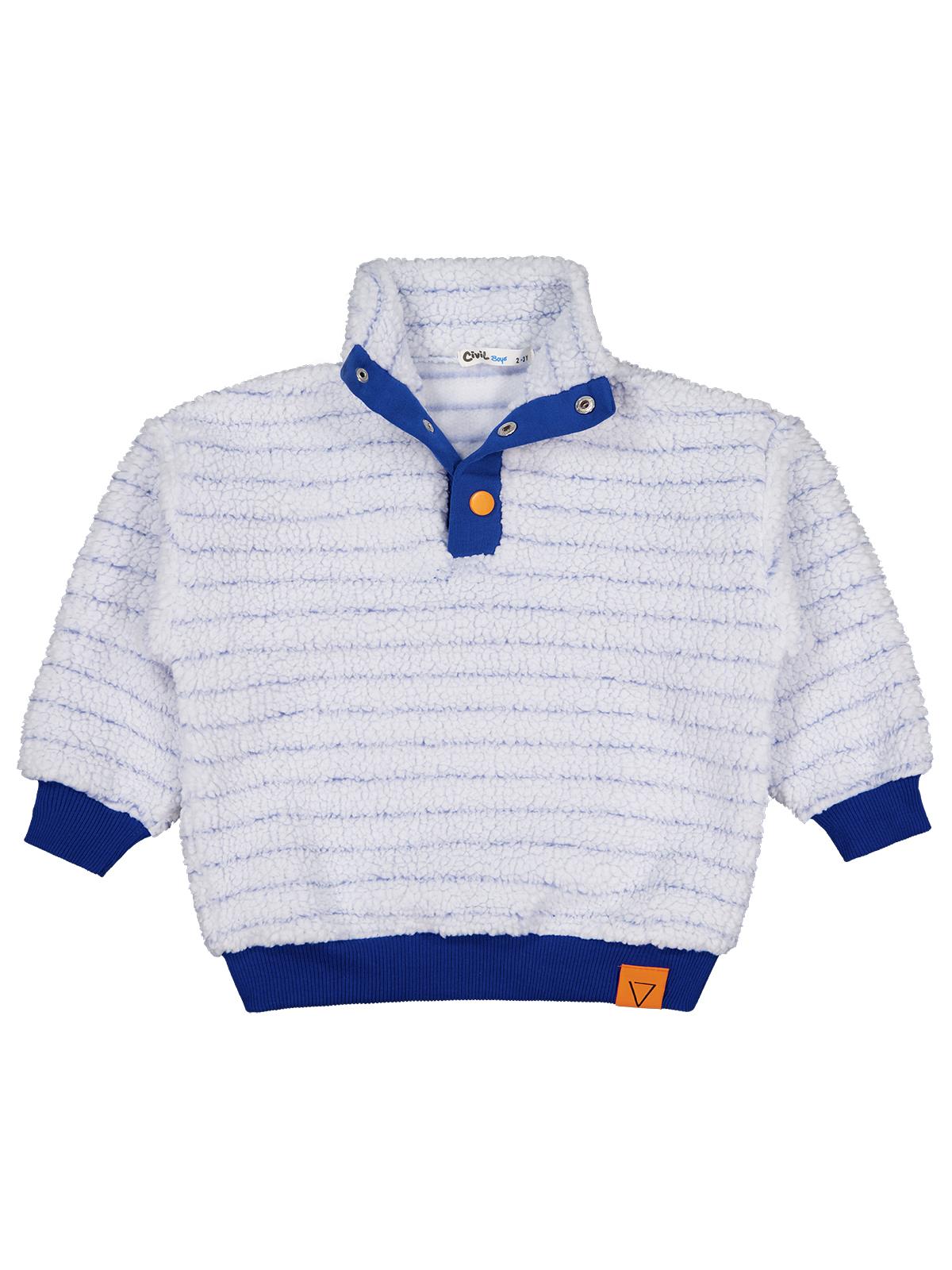 Civil Erkek Çocuk Yakası Patlı Çizgili Sweatshirt | Velsoft Uzun Kol | Okul Kreş ve Günlük Kullanım - Mavi