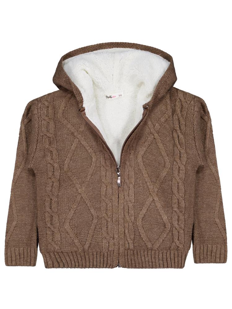 Civil Boys Saç Örgülü İçi Polarlı Kapşonlu 2-5 Yaş Hırka - Bej