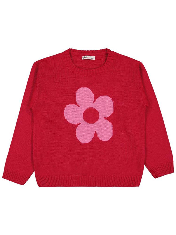 Civil Girls Büyük Çiçek Desenli 6-9 Yaş Kazak - Fusya