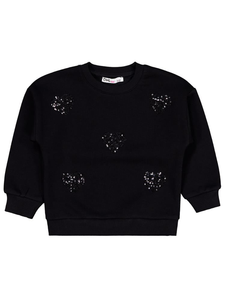 Civil Girls Pullu Kalp Nakışlı 2-5 Yaş Sweatshirt - Siyah