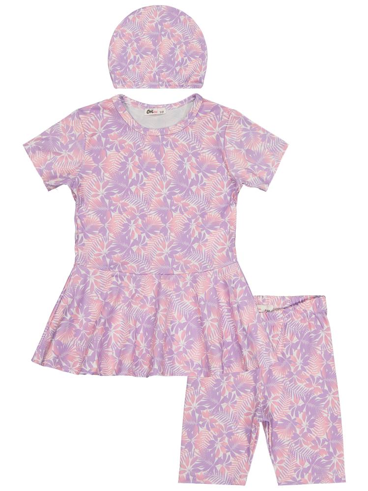 6127 Civil Girls Yaprak Desen 2-12 Yaş Mayo Set - Lila
