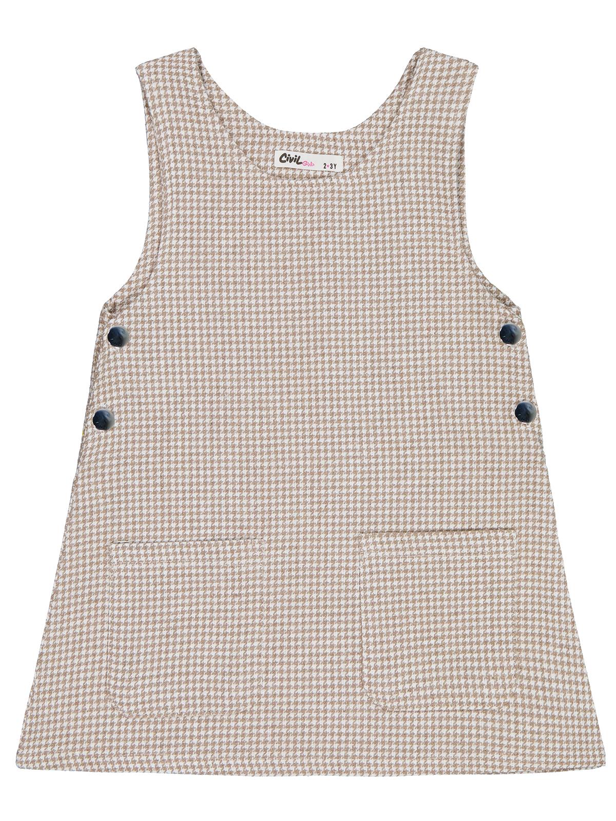 Civil Girls Yakası Pomponlu 2-5 Yaş Elbise - Bej