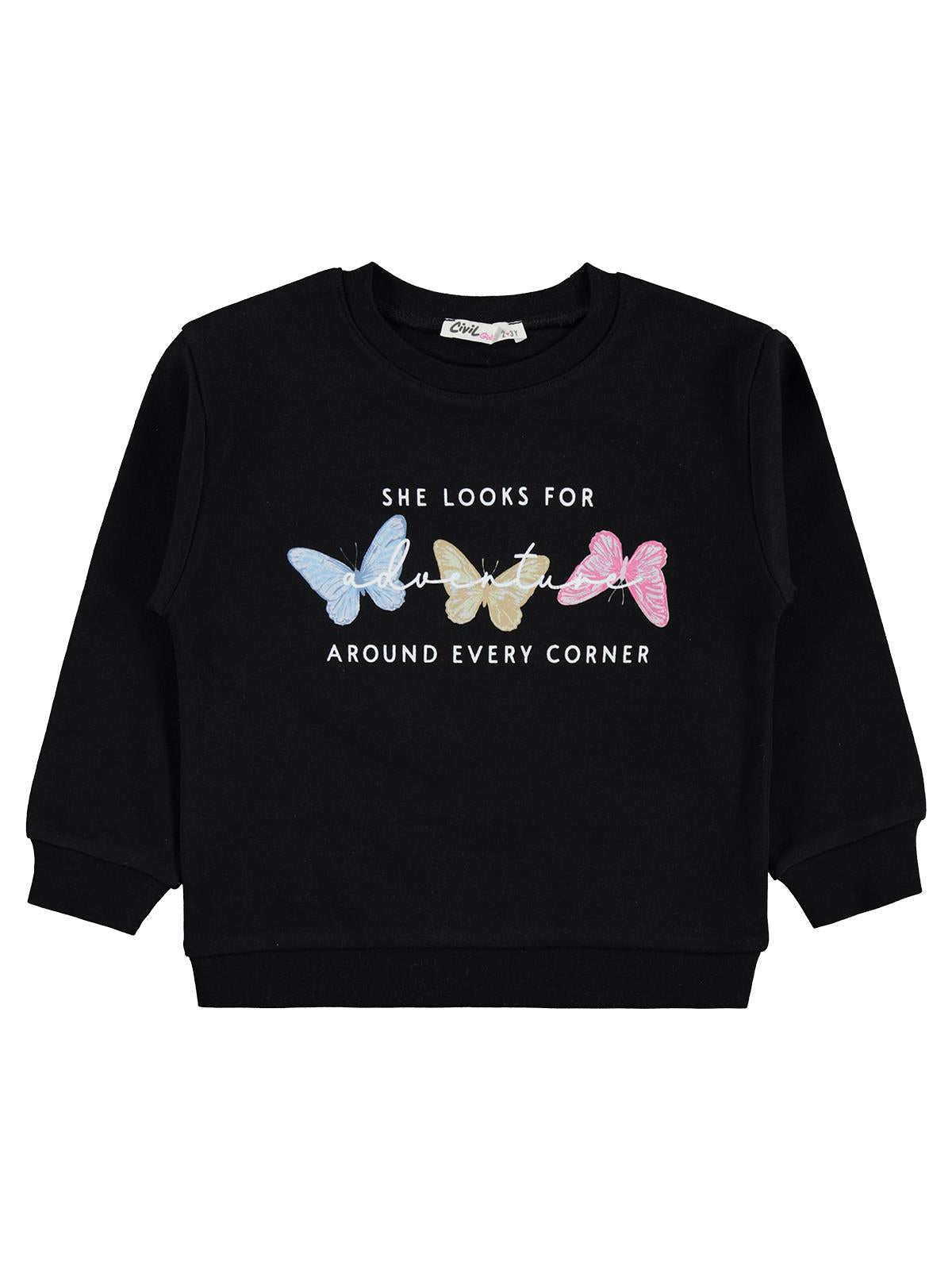 Civil Girls Renkli Kelebek Baskılı 2-5 Yaş Sweatshirt - Siyah