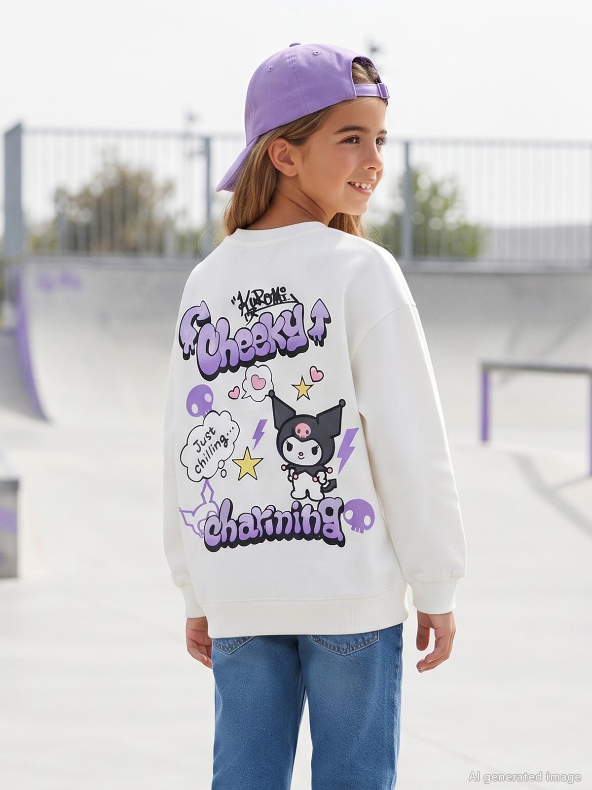 Kuromi Sweatshirt | 3 İp Uzun Kol Bisiklet Yaka Baskılı | Okul Kreş ve Günlük Kullanım - Ekru