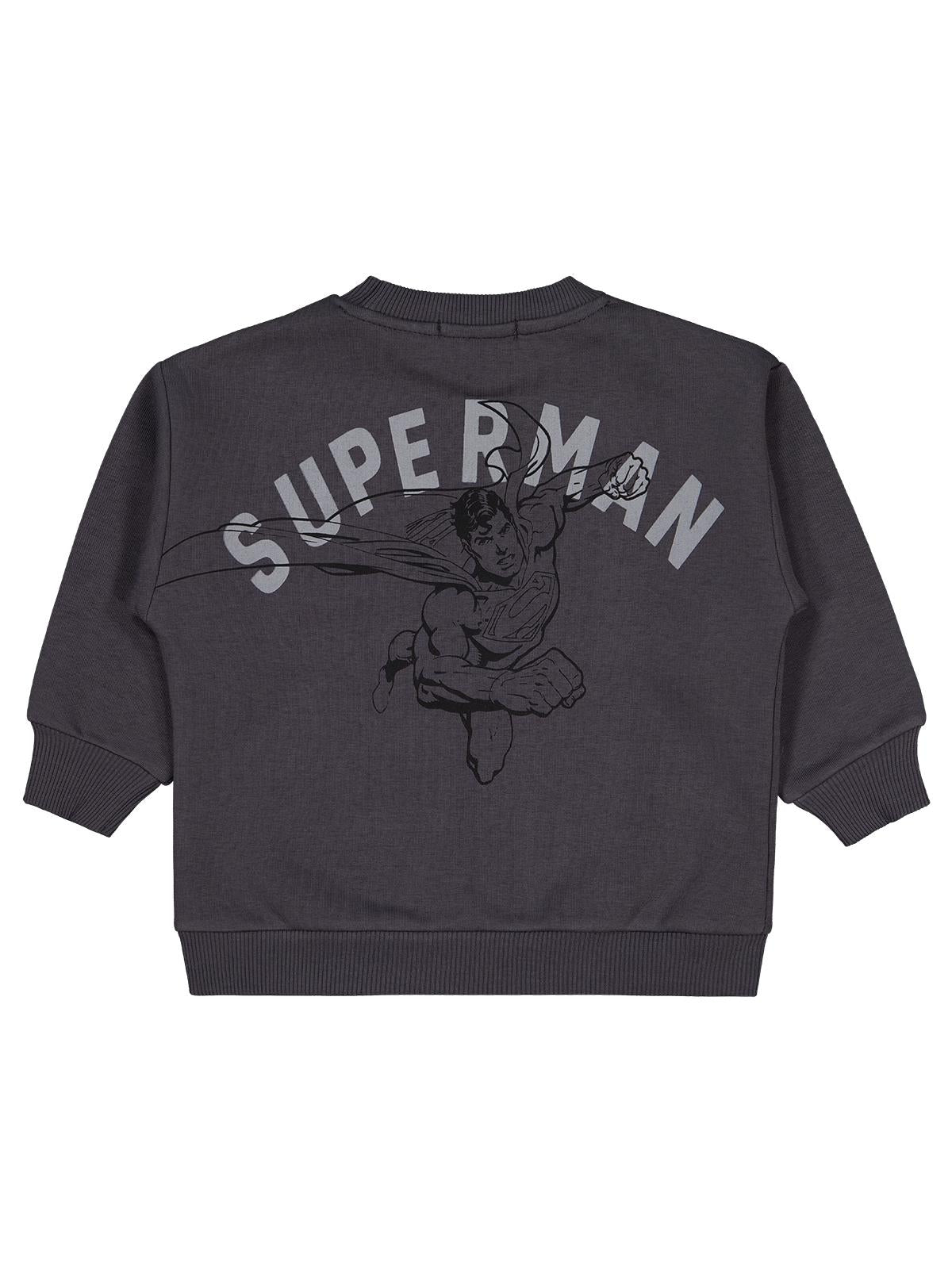 Superman Logo Baskılı Sweatshirt | 3 İp Uzun Kol Bisiklet Yaka | Okul Kreş ve Günlük Kullanım - Gri