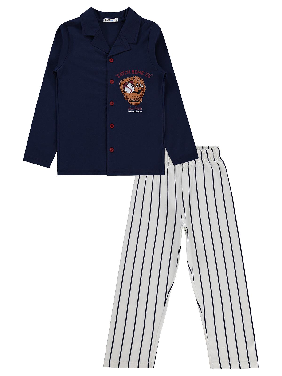 Civil Erkek Çocuk Önü Düğmeli Pijama Takımı | Süprem-Süprem Uzun Kol | Okul Kreş ve Günlük Kullanım - Lacivert