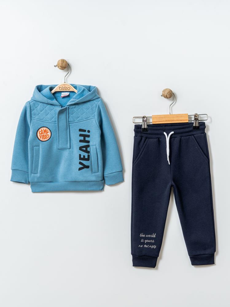 Bizizo Yeah! Baskılı Kapşonlu 9-24 Ay Takım - Mavi