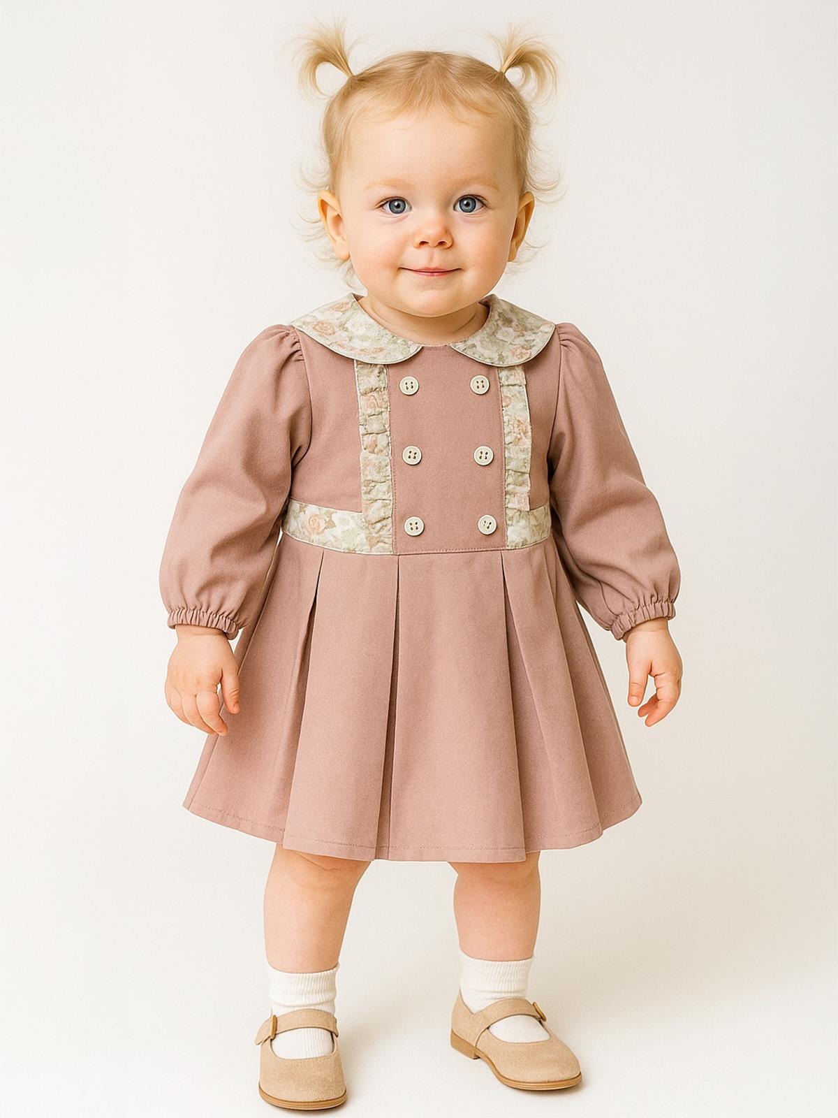 Cocoland Dantel Yaka Süs Düğmeli Pileli 2-5 Yaş Elbise - Pudra