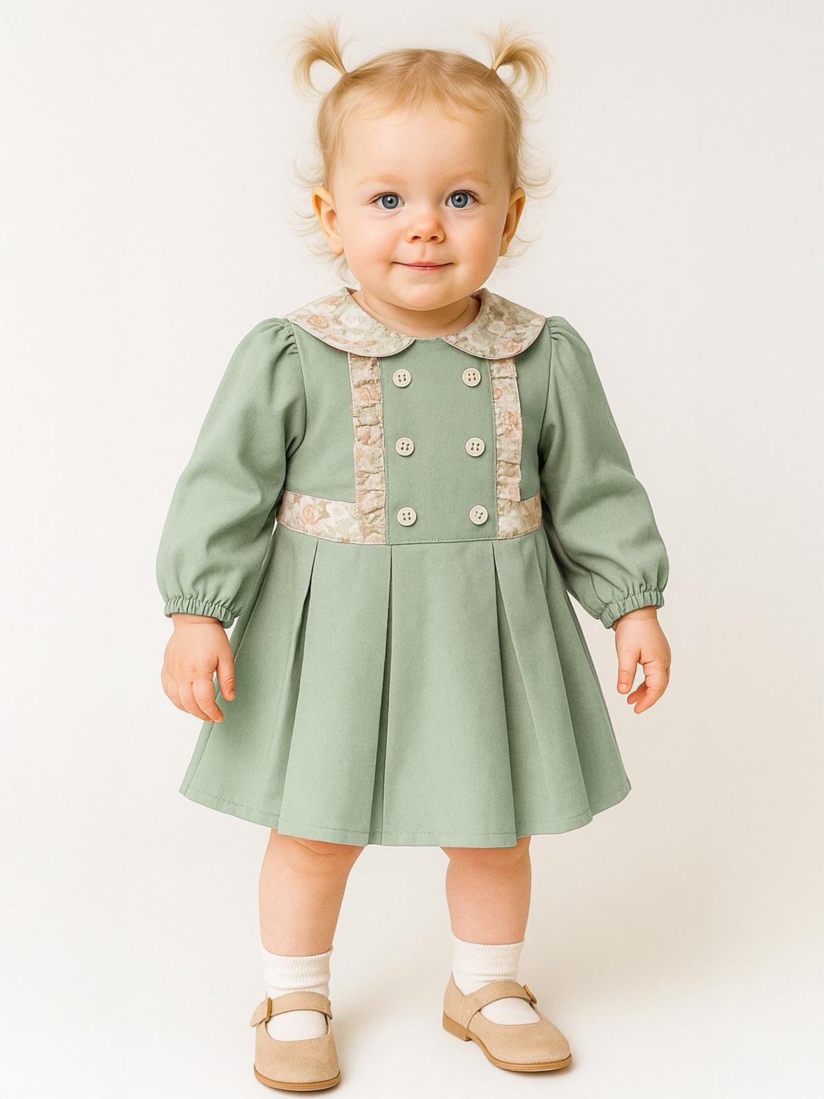 Cocoland Dantel Yaka Süs Düğmeli Pileli 6-18 Ay Elbise - Yeşil