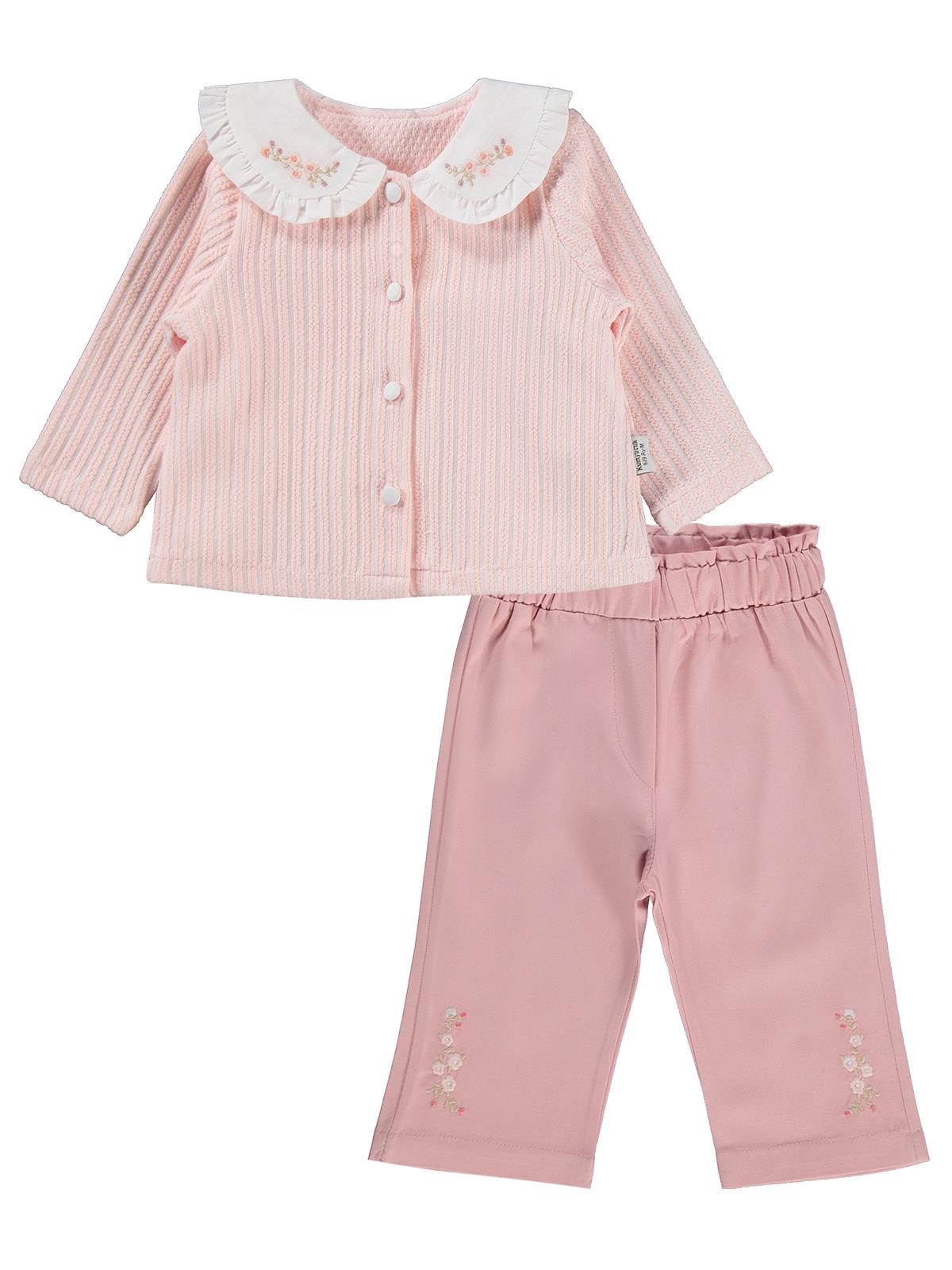 Lüks Kumru Yakası Nakışlı Hırkalı 3 Lü 6-18 Ay Takım - Pudra