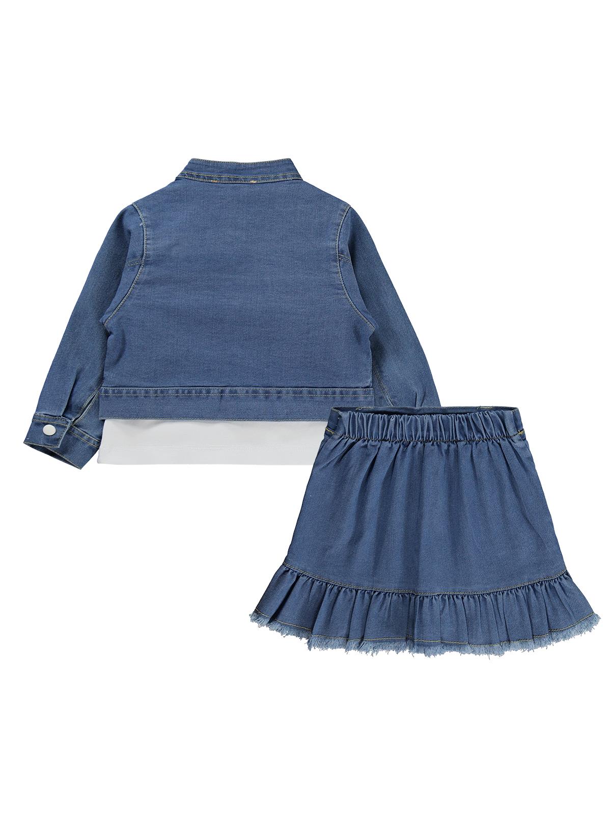 Civil Girls Nakışlı Kot Ceket Etek 3 Lü 2-5 Yaş Takım - Mavi
