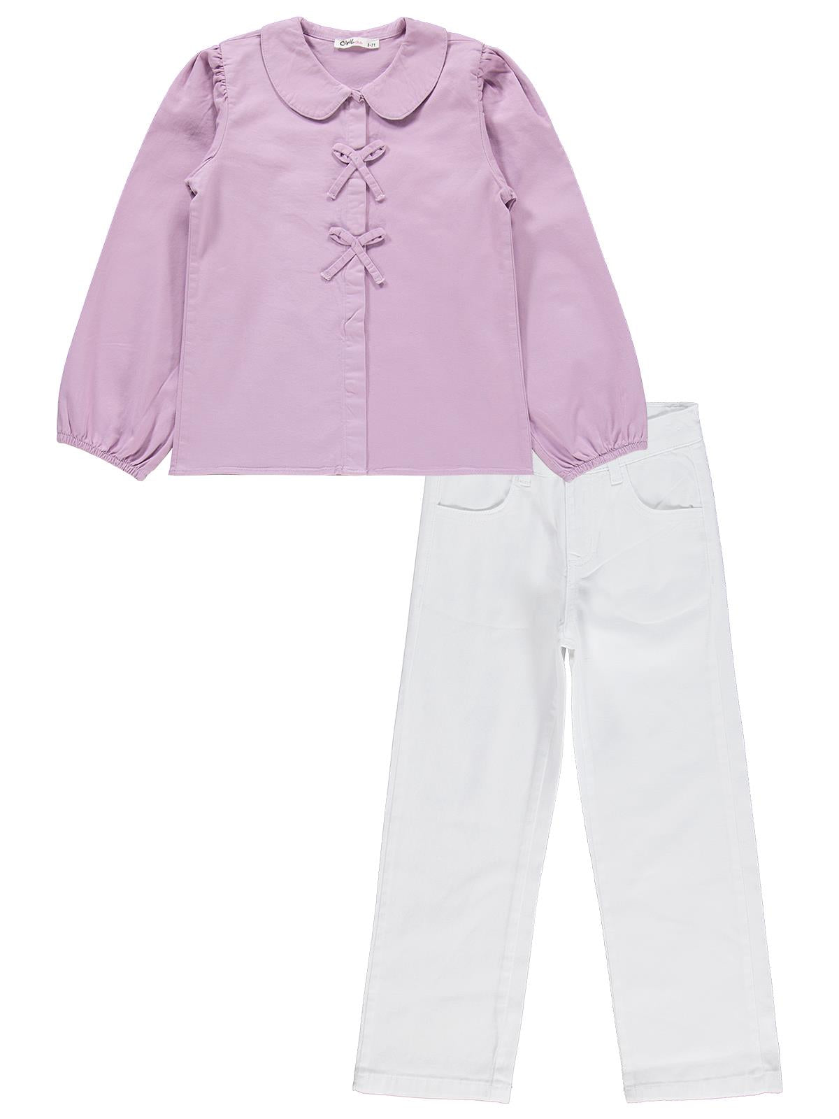 Civil Girls Fiyonklu Gömlek Pantolon İkili 6-9 Yaş Takım - Lila