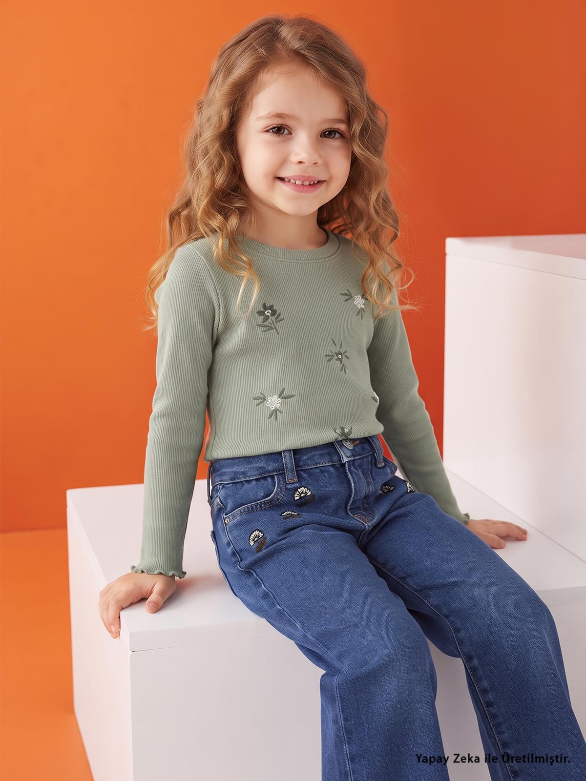 Civil Girls Çiçek Nakışlı 2-5 Yaş Pantolon - Mavi