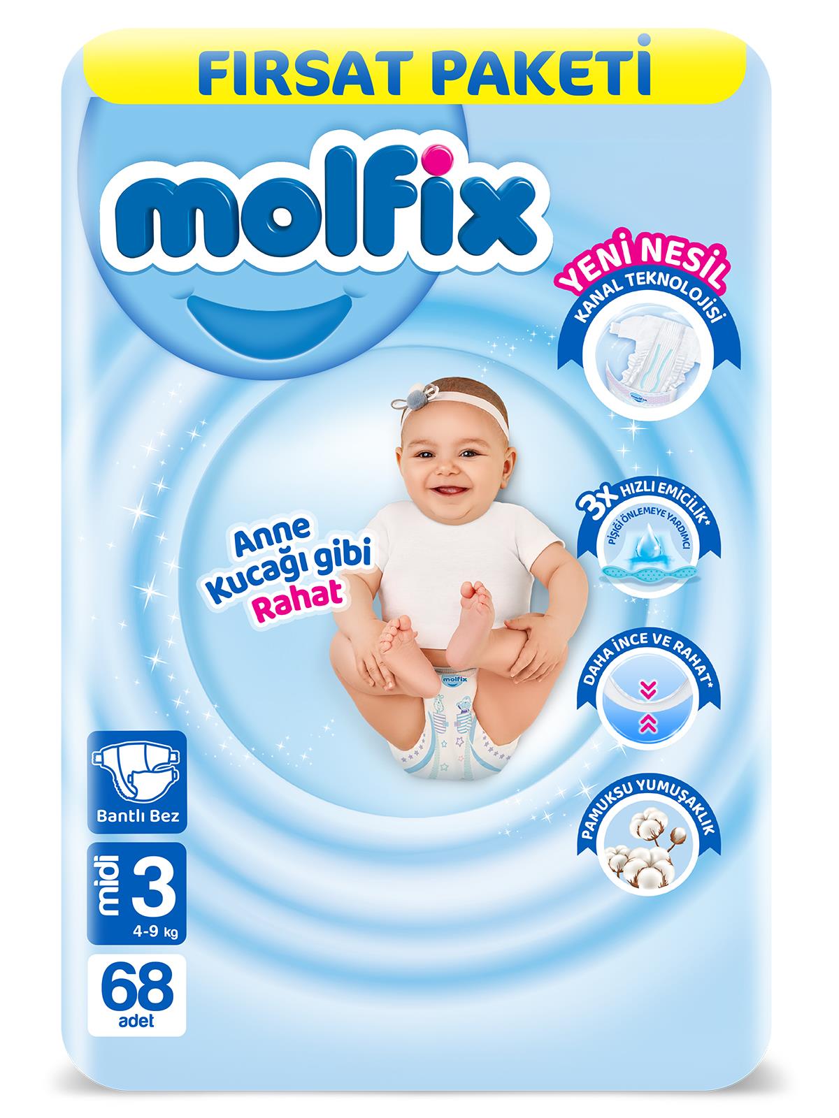 Molfix Bebek Bezi 3 Beden Midi Fırsat Paketi 68 Adet