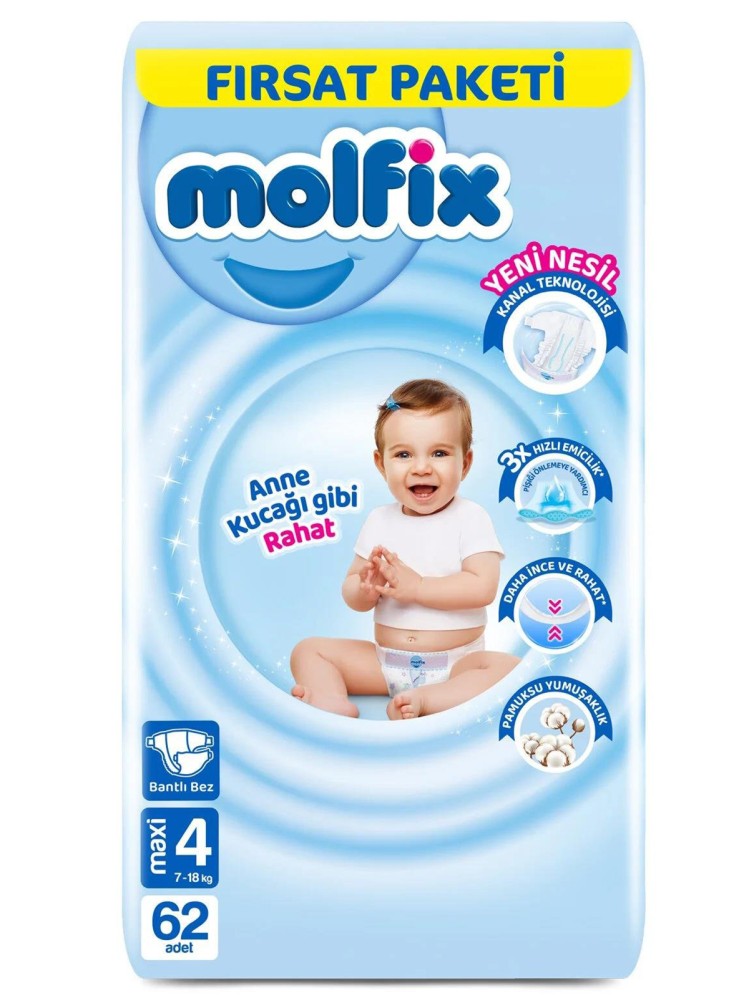 Molfix 4 Numara Bebek Bezi Maxi Fırsat Paketi 62 Adet