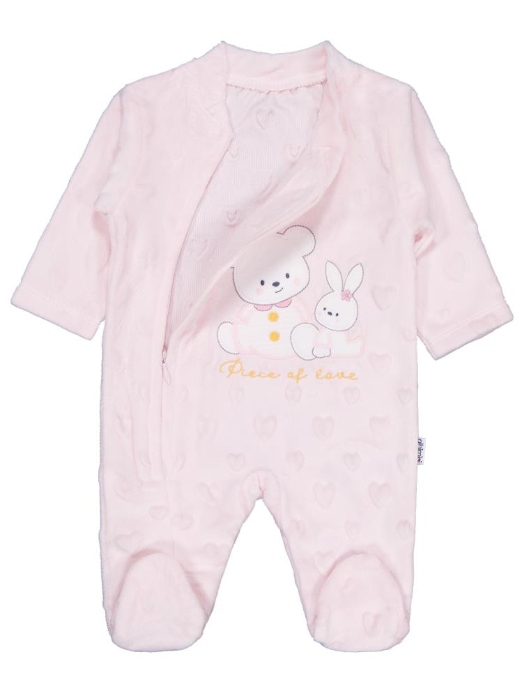 Minidamla Kız Ayı Tavşan Nakış Fermuarlı 1-6 Ay Tulum - Pembe