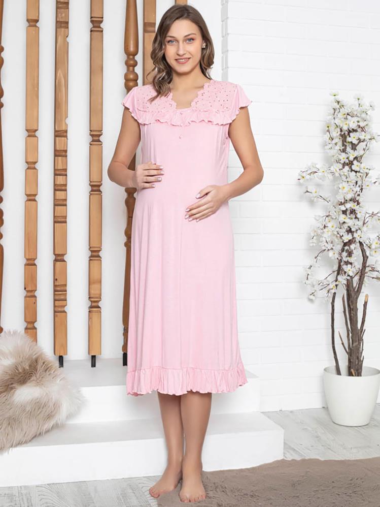 Limissi Lohusa Gecelik Fırfırlı Aplikeli Pijama Takımı - Pembe