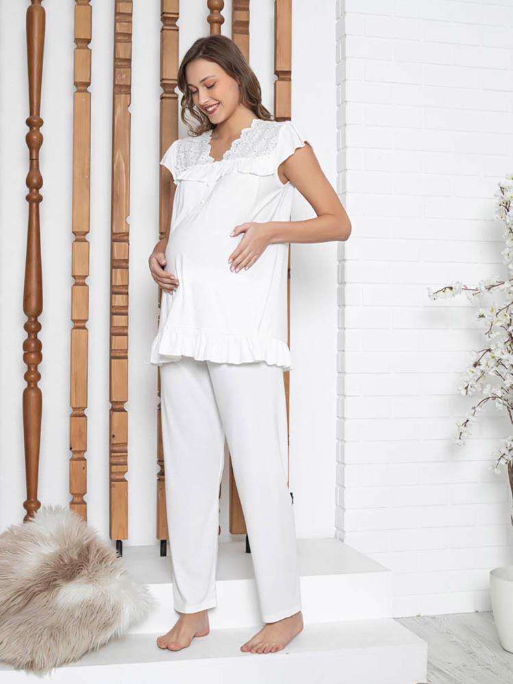 Limissi Loh. Fırfırlı Aplikeli Pijama Takımı - Ekru