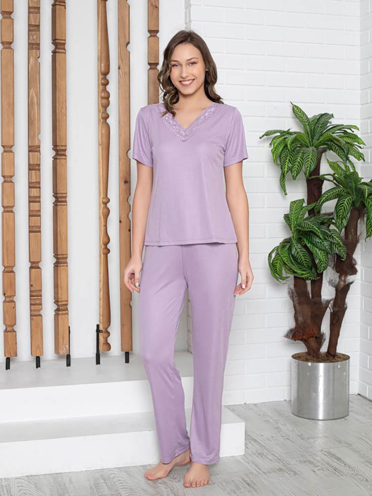 Limissi Dantelli V Yaka Pijama Takımı - Lila