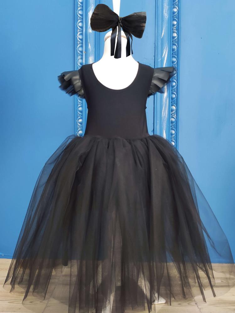 Shecco Babba Deri Detaylı Tütü Kız Çocuk Doğum Günü Elbisesi ve Bandana TakımÇocuk Abiye Elbise 6-10 Yaş Abiye  - Siyah