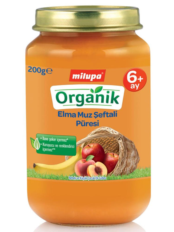 Milupa Organik Elma Muz Şeftali Püresi Kavanoz 200 g 6+ Ay