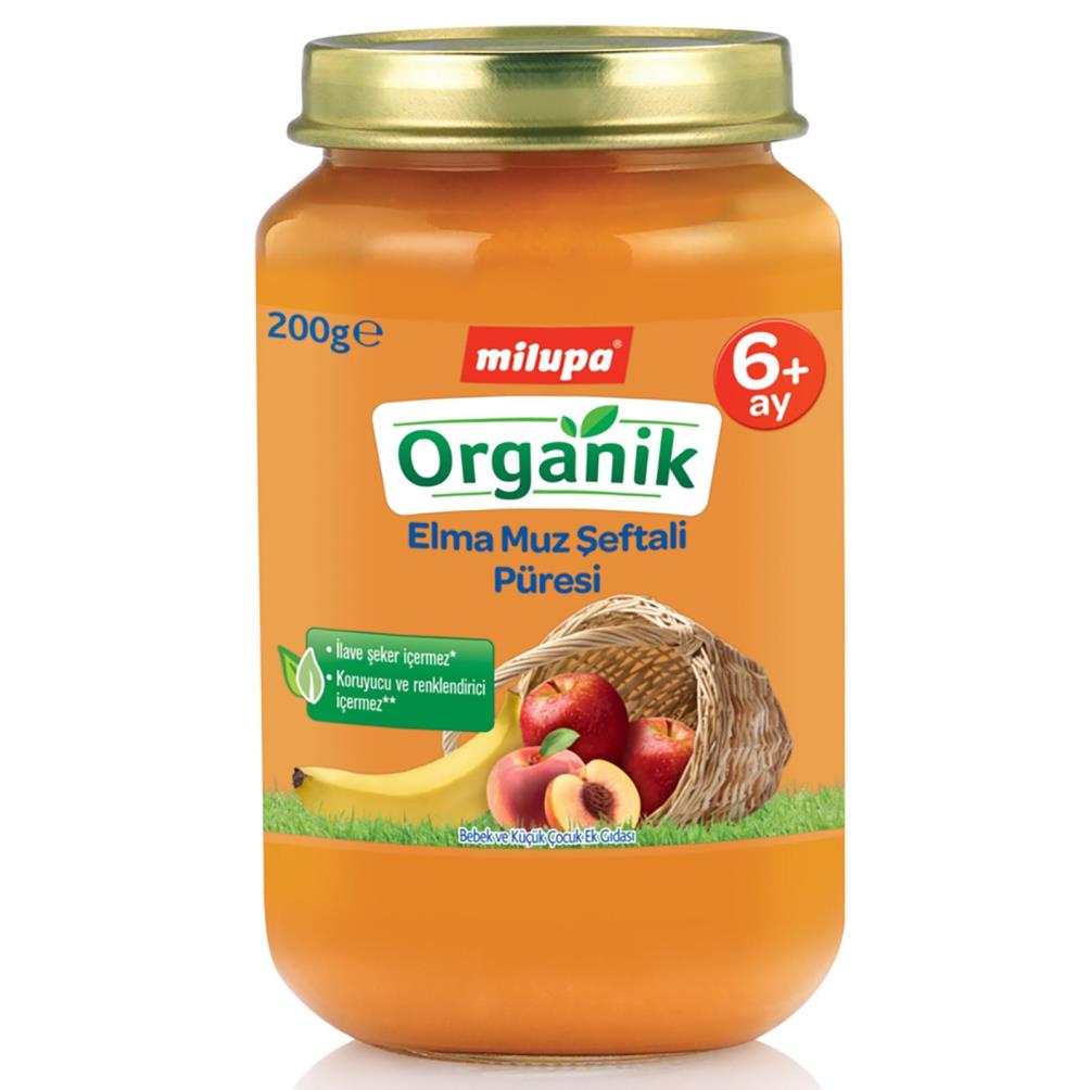 Milupa Organik Elma Muz Şeftali Püresi Kavanoz 200 g 6+ Ay