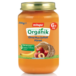 Milupa Organik Elma Muz Şeftali Püresi Kavanoz 200 g 6+ Ay