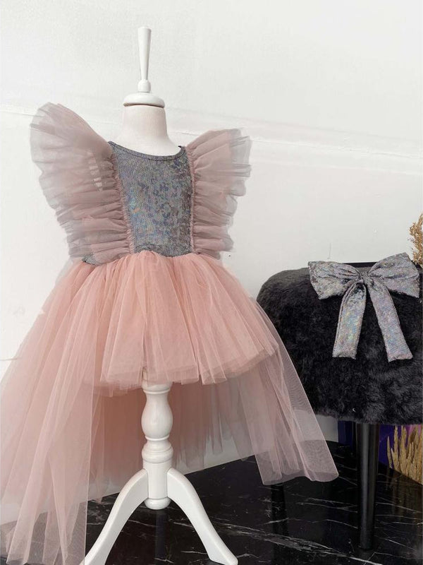 Shecco Babba Tüllü Bandanalı Parti,Doğum Günü Abiye Elbise 1-8 Yaş - Pudra
