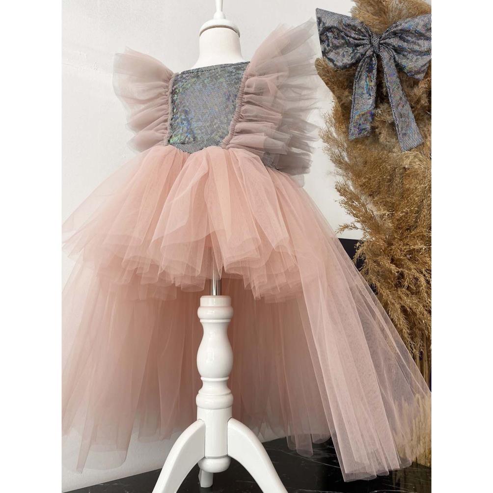 Shecco Babba Tüllü Bandanalı Parti,Doğum Günü Abiye Elbise 1-8 Yaş - Pudra