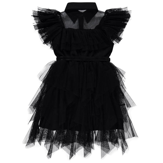 Civil Girls Beli Kemerli Tül 6-12 Yaş Elbise - Siyah