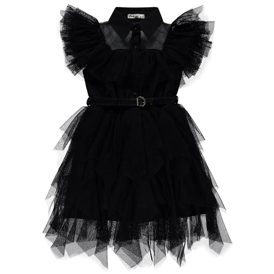 Civil Girls Beli Kemerli Tül 6-12 Yaş Elbise - Siyah