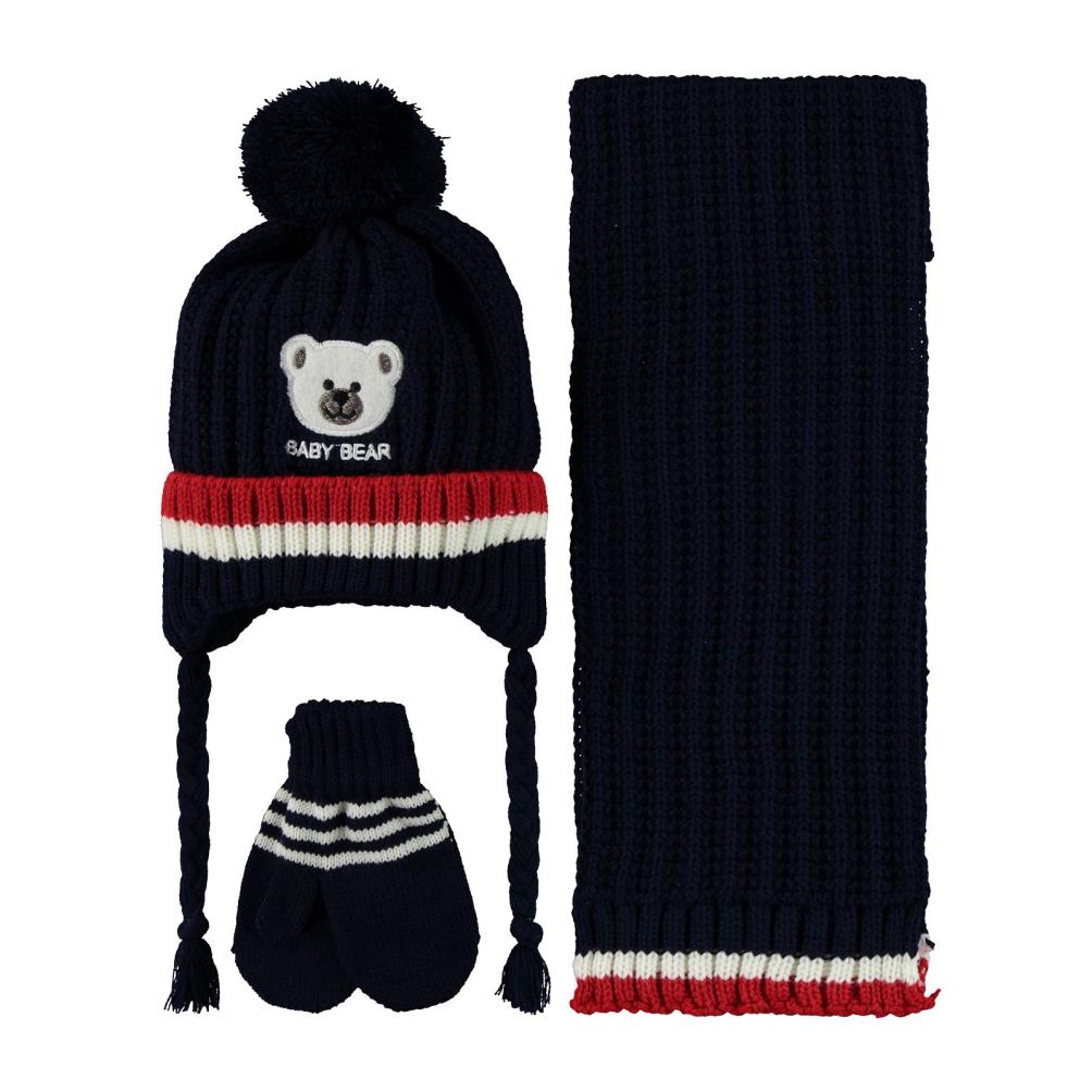 Civil Baby Baby Bear Nakış Desen 0-24 Ay Atkı Bere Eldiven Set - Lacivert