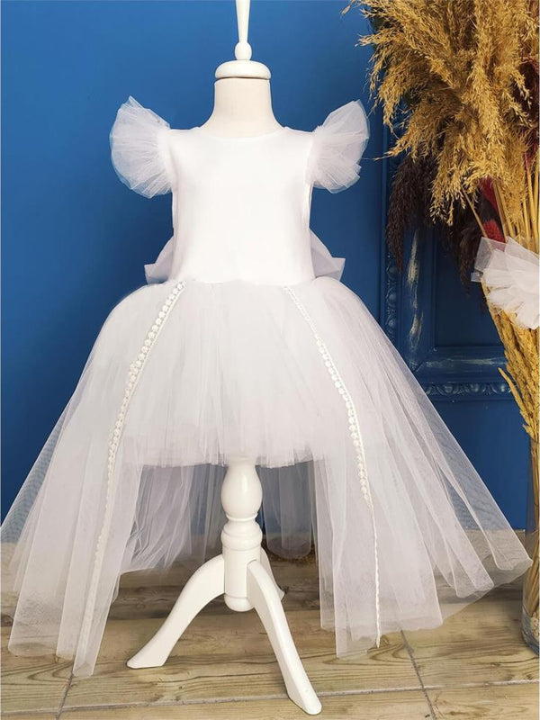 Shecco Babba Fiyonklu Tütü Kız Çocuk Doğum Günü Elbisesi ve Bandana TakımÇocuk Abiye Elbise 6-10 Yaş Abiye - Beyaz