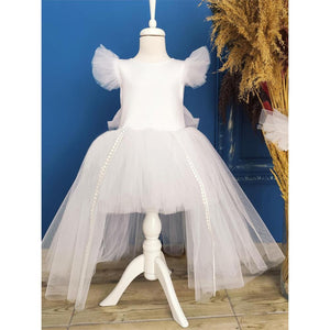 Shecco Babba Fiyonklu Tütü Kız Çocuk Doğum Günü Elbisesi ve Bandana TakımÇocuk Abiye Elbise 6-10 Yaş Abiye - Beyaz