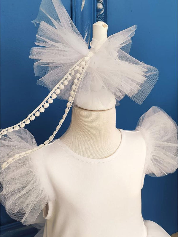 Shecco Babba Fiyonklu Tütü Kız Çocuk Doğum Günü Elbisesi ve Bandana TakımÇocuk Abiye Elbise 6-10 Yaş Abiye - Beyaz