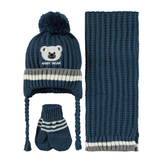 Civil Baby Baby Bear Nakış Desen 0-24 Ay Atkı Bere Eldiven Set - Mavi