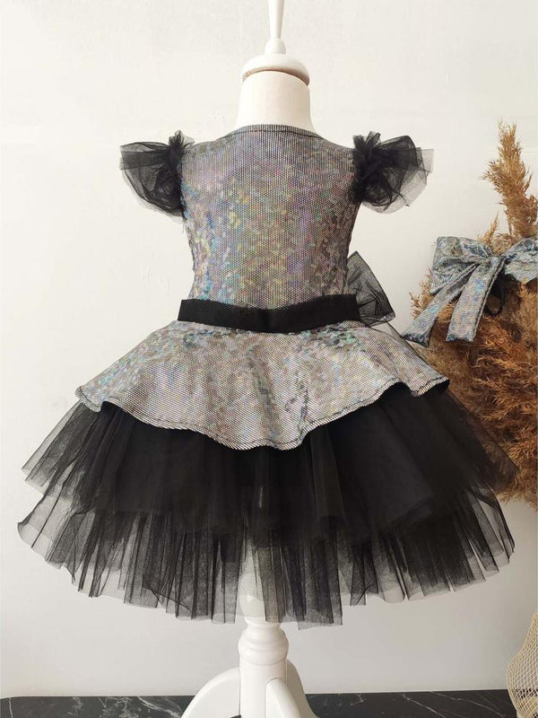 Shecco Babba Kız Çocuk Fiyonklu Tüllü Abiye ElbiseDoğum Günü Abiye ElbiseBandana 6-10 Yaş Abiye - Siyah