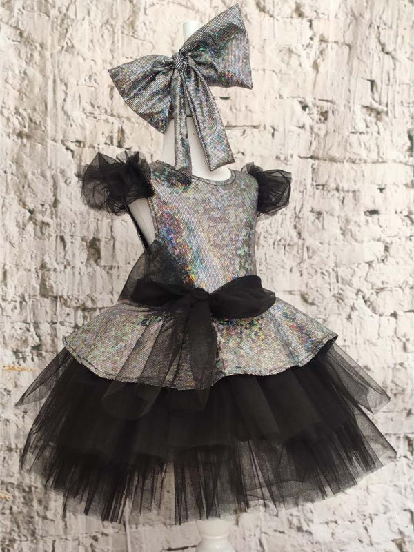 Shecco Babba Kız Çocuk Fiyonklu Tüllü Abiye ElbiseDoğum Günü Abiye ElbiseBandana 6-10 Yaş Abiye - Siyah