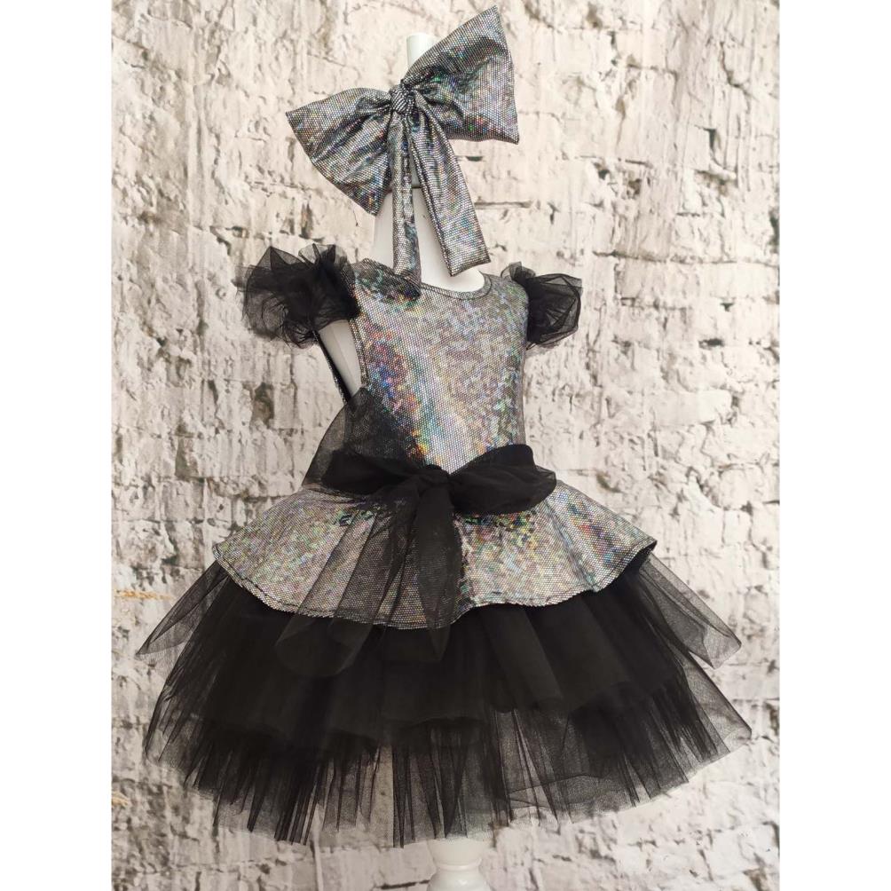 Shecco Babba Kız Çocuk Fiyonklu Tüllü Abiye ElbiseDoğum Günü Abiye ElbiseBandana 6-10 Yaş Abiye - Siyah