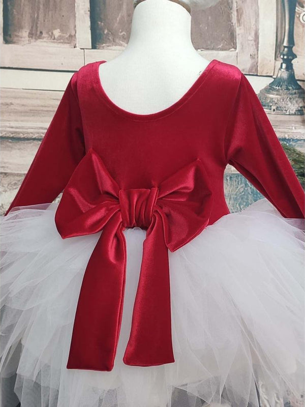 Shecco Babba Kız Çocuk Kadife Tüllü ElbiseUzun Kollu Bandana 6-10 Yaş Abiye - Kırmızı