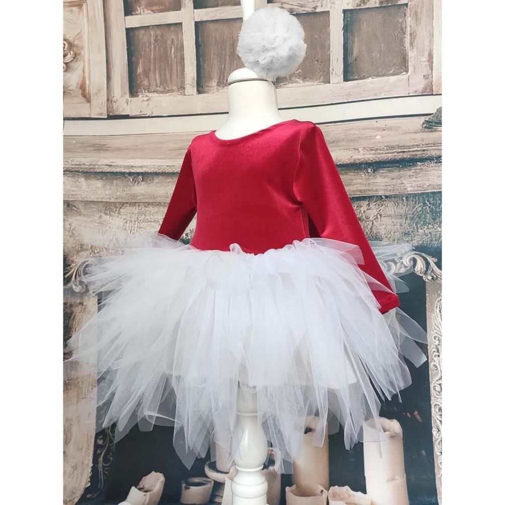 Shecco Babba Kız Çocuk Kadife Tüllü ElbiseUzun Kollu Bandana 6-10 Yaş Abiye - Kırmızı