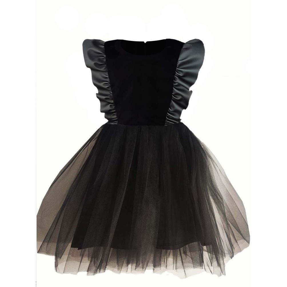 Shecco Babba Kız Çocuk Deri Detaylı Tütü Elbise 6-10 Yaş - Siyah