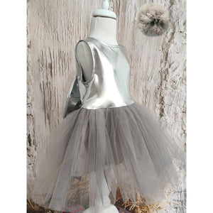 Shecco Babba Kız Çocuk Sırtı Fiyonklu Tütü Elbise Bandana Takım 6-10 Yaş - Gri