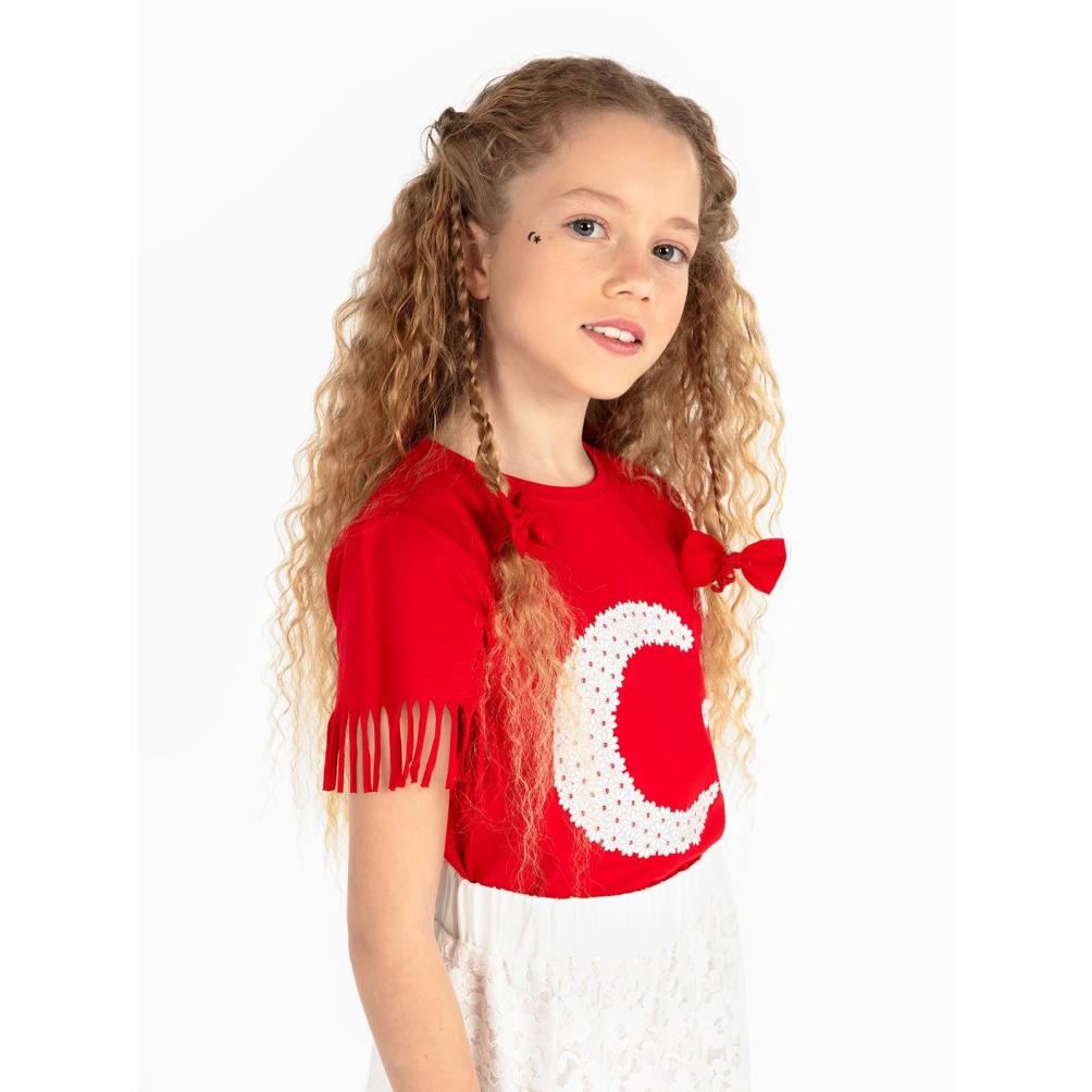 Civil Girls Yıldız Baskılı 4-9 Yaş Tişört - Kırmızı