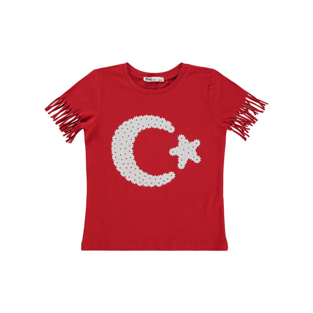 Civil Girls Yıldız Baskılı 4-9 Yaş Tişört - Kırmızı
